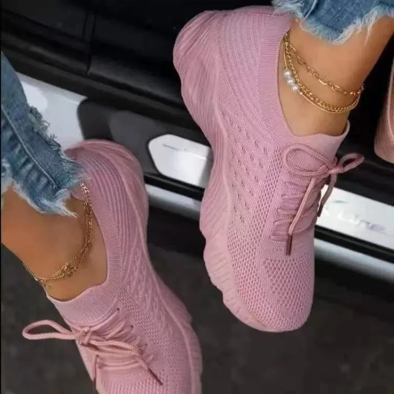 Knit Fabric Lace Up Sneakers - Kadın Günlük Örgü Spor Ayakkabıları Nefes